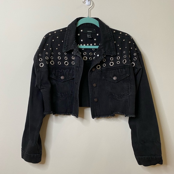 Black Cropped Jean Jacket with Silver Studs - Picture 2 of 3